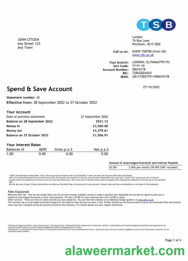 United Kingdom TBS bank statement Excel and PDF template, 4 pages 1